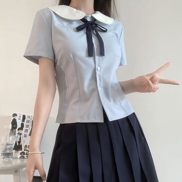 【學院風】林間萌象 原創 JK制服 圓領 收腰 短袖 襯衫 顯瘦 甜美 女 百褶裙 套裝 shirt 制服 短袖