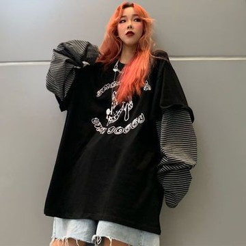 【台灣有貨】實拍 原宿BF風寬鬆200斤長袖打底衫t恤女秋裝胖mm300斤拼接條紋上衣潮