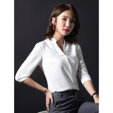 職業白襯衣女免燙抗皺七分袖v領女士工作服氣質雪紡襯衫直筒上衣