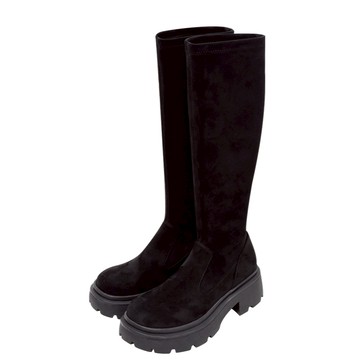 Ann’S真絲彈力絨~加寬版顯瘦100分厚底圓頭及膝長靴6cm-黑