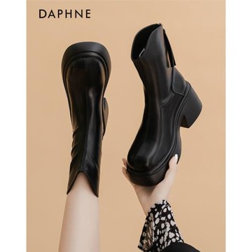 達芙妮粗跟短靴女2024新款冬季女靴v口瘦瘦靴超火馬丁靴厚底靴子