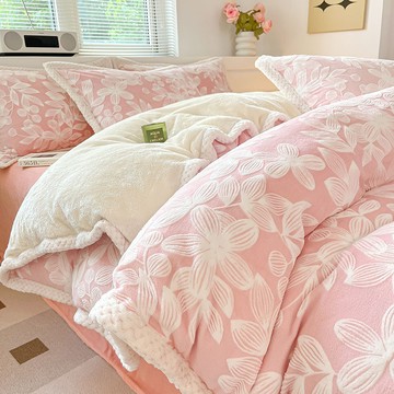 冬季雕花兔兔絨床包組 床上四件套 加厚牛奶羊羔絨床包四件組 雙面被套 法蘭珊瑚絨 床單