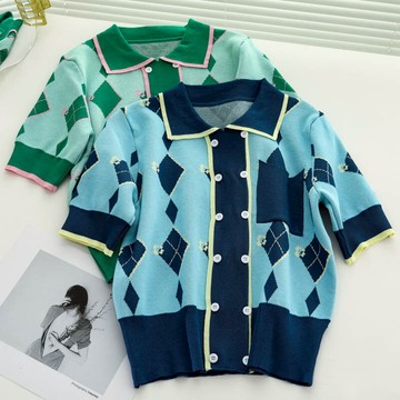 短款polo領撞色菱格上衣女夏季港味ins雙排扣薄款短袖針織衫