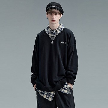 格紋拼接襯衫領上衣中長款假兩件運動衛衣