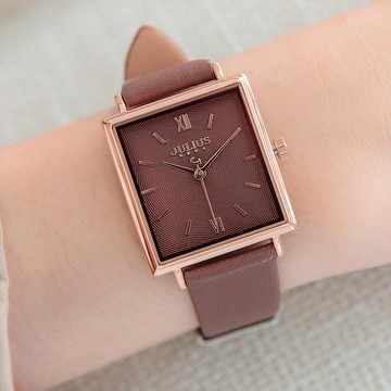 正韓JULIUS築夢之際簡約螺紋面方形真皮手錶【WJA1335】-棕面棕帶