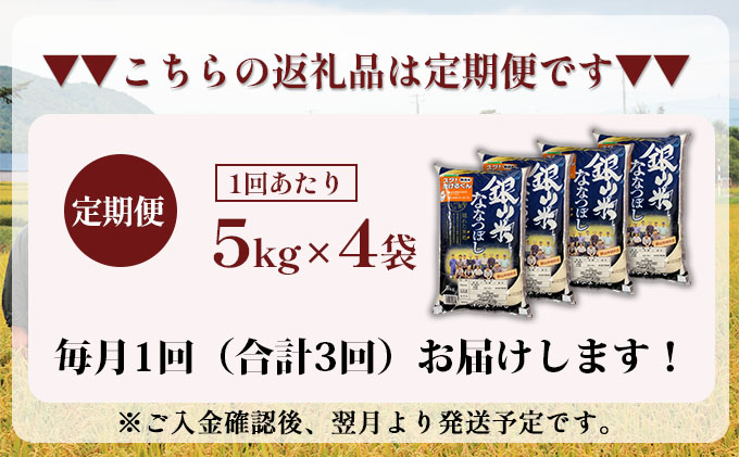 3ヵ月連続お届け　銀山米研究会の無洗米＜ななつぼし＞20kg