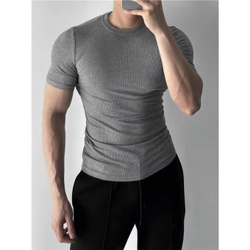 夏季短袖男士t恤高彈緊身小領口健身跑步運動收袖口修身打底上衣