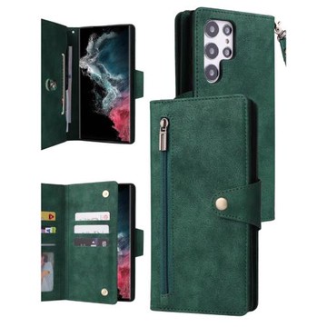 適用三星Galaxy S23ultra鉚釘扣多卡錢包收納保護皮套note20手機殼S21 A14 A34 A54掛繩防摔翻蓋純色拉鏈24fe