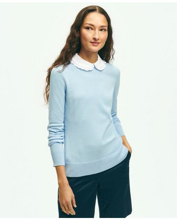 Brooks Brothers Women's Cotton Sweater With Removable Ruffle Collar | Light Blue | Size Medium