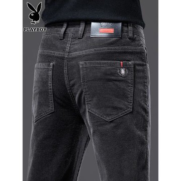 花花公子燈芯絨褲子男士秋冬款加絨直筒彈力條絨男褲燈草絨休閑褲