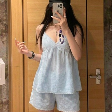 DUYI~夢詩 睡衣女純棉吊帶帶胸墊簡約淺藍蕾絲邊甜美少女網紅家居服套裝