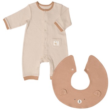 akachan honpo - 長袖兔裝-附動物造型圍兜-淺卡其色