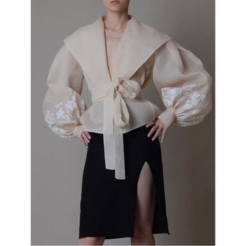 TWOTWINSTYLE宮廷風法式復古歐根紗外套小眾高級防曬杏色開衫上衣