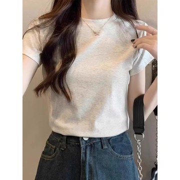 圓領正肩修身短袖t恤女夏季2024新款純色百搭純棉韓系chic上衣潮