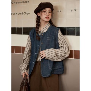 學院風文藝復古小眾設計感百搭牛仔馬甲背心小香風外套女秋季新款