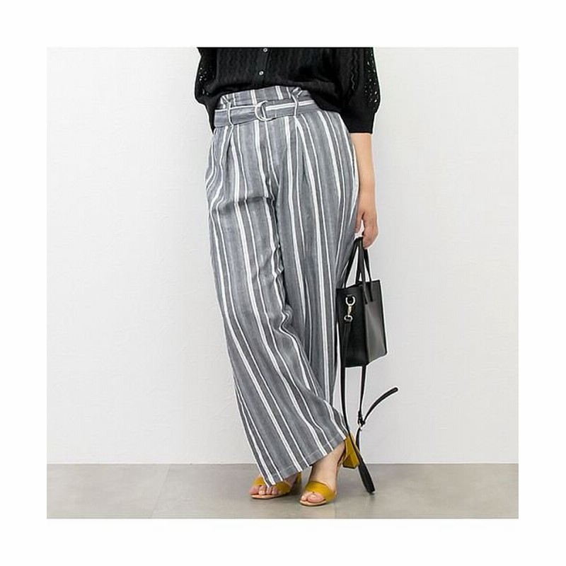 クレット 大きいサイズ ベルト付麻混ストライプパンツ レディース ネイビー 3l Clette 通販 Lineポイント最大get Lineショッピング