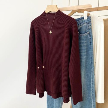 羊毛混紡厚款半高領坑條長袖針織衫女秋冬純色慵懶風寬松開叉毛衣