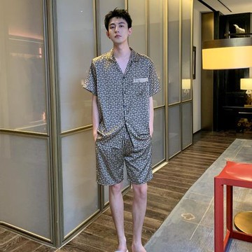 大牌風男士冰絲睡衣短褲短袖套裝口袋可外穿休閑大碼涼感家居服薄