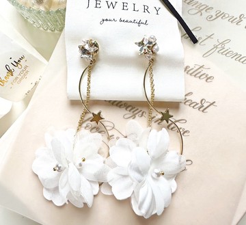 垂墜式耳環/14K包金輕紗耳環/ 結婚耳環耳夾/ 畢業禮物/ 星星耳環