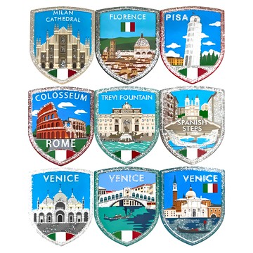 A-ONE 義大利 旅遊玻璃靜電貼紙 Set 國家地標系列 9張  1組  6 x 7.5cm