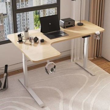 【MGSHOP】電動升降桌 L型轉角 電腦桌 書桌(140CM 辦公桌 Y104) 原木色+白桌腳