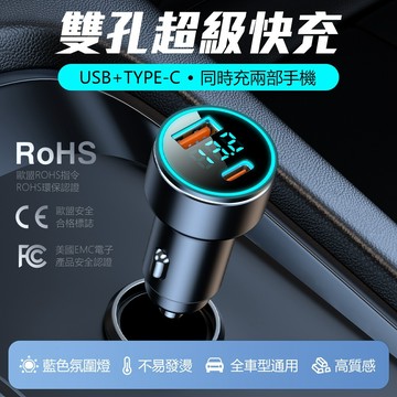15-16-17可用🍎冰藍色氛圍燈 雙孔快充 PD20W+QC3.0雙快充 數顯車充 USB-A+Type-C