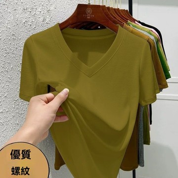 短袖 上衣 T恤 修身上衣 單/兩件 法式性感高級感V領女裝修身型優質螺紋短袖通勤透氣舒適