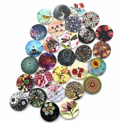 ボタン 2つ穴 花 フラワー ペイズリー 鳥 レトロ ミックス 木製 20mm 100個