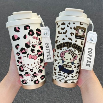 kitty保溫杯 粉豹紋kt貓陶瓷保溫杯卡通可愛不銹鋼咖啡杯高顏搪瓷水杯雙飲款杯