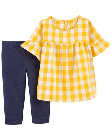 Baby 2-Piece Plaid Flutter Top & Knit Denim Leggings