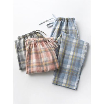 日系簡約格子情侶睡褲男女春秋夏季純棉棉布薄款寬松家居褲長褲