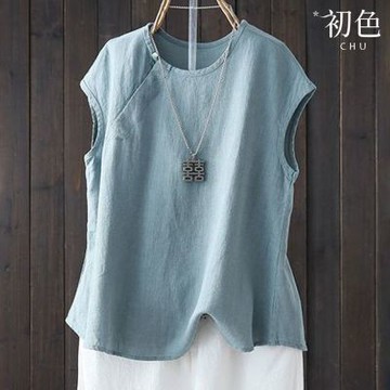 初色 大碼寬鬆純色百搭圓領無袖T恤上衣女上衣-共4色-35219(M-3XL可選/現貨+預購)