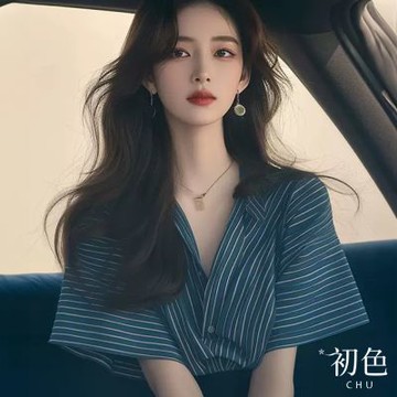 初色 韓版條紋襯衫V領短袖五分袖喇叭袖上衣女上衣-藍條紋-35821(M-3XL可選)