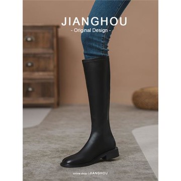 顯瘦方頭瘦瘦靴女2025秋冬彈力真皮平底粗跟騎士靴不過膝高筒長靴