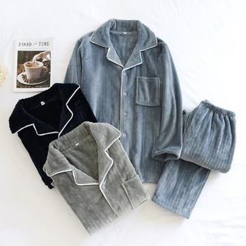 珊瑚絨男士睡衣秋冬季新款法蘭絨加厚開衫青年保暖寬松家居服套裝