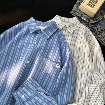 條紋襯衫男高級感英倫雅痞男裝美式復古休閑外套春秋季長袖襯衣潮