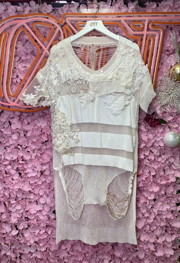 OTT獨一無二•華麗白色婚紗蕾絲刺繡麻棉網織鏤空假兩件上衣