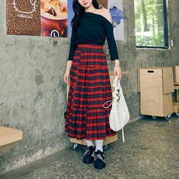 OB嚴選-配色格紋腰鬆緊蛋糕長裙《CA3147-》