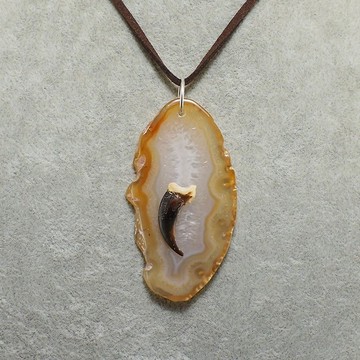 狼爪守護護身符 米白瑪瑙切片墜飾項鍊 男士飾品