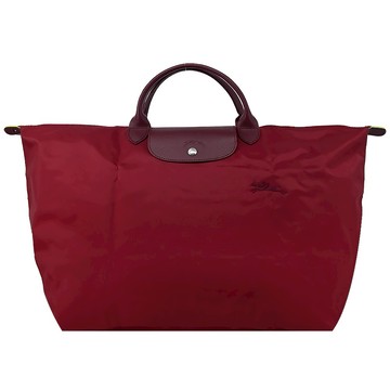 [平輸版]LONGCHAMP LE PLIAGE GREEN系列刺繡短把再生尼龍摺疊旅行袋(大/紅石榴)真品平輸
