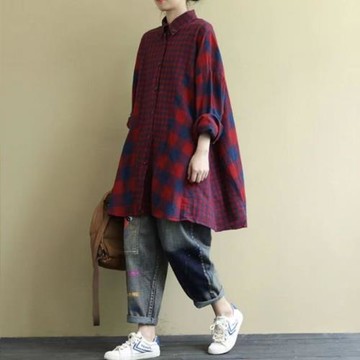 胖mm大碼女裝2025春季新款上衣200斤寬松遮肉拼接中長款格子襯衫
