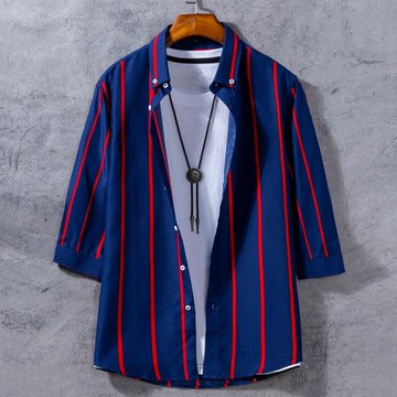 豎條紋襯衫男七分袖韓版修身日系發型師條紋夏青年商務休閑襯衣潮