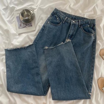 割破藍色高腰牛仔褲女2024年夏季新款寬松高街美式闊腿直筒長褲潮