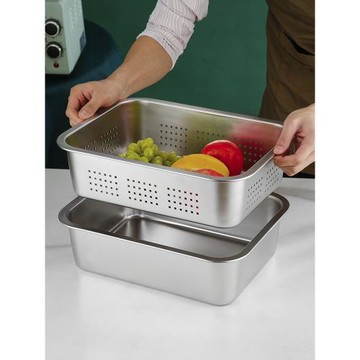 食品級加厚加深不銹鋼長方形漏盤有孔帶蓋洗菜晾水瀝水盆沖孔濾盆