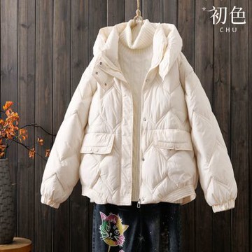 初色 復古風純色保暖格紋排釦長袖口袋連帽羽絨棉鋪棉外套女外套-共4色-39058(M-2XL可選)