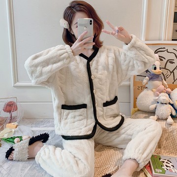 奶油少女珊瑚絨睡衣女秋冬季加厚日系簡約純色法蘭絨家居服兩件套
