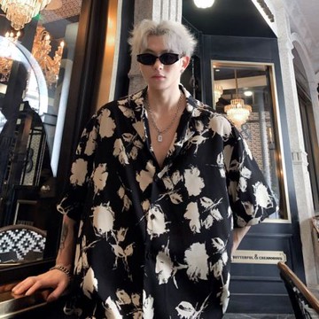夏季復古花卉滿印花短袖襯衫男痞帥洋氣潮牌街頭寬松慵懶垂感襯衣