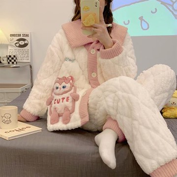 睡衣女秋冬季珊瑚絨三層夾棉加厚可愛星黛露學生可外穿家居服套裝