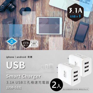 【NDr.AV】3.1A USB三孔極速充電器2入(全球通用usb 豆腐頭 智能充電器/USB-533)