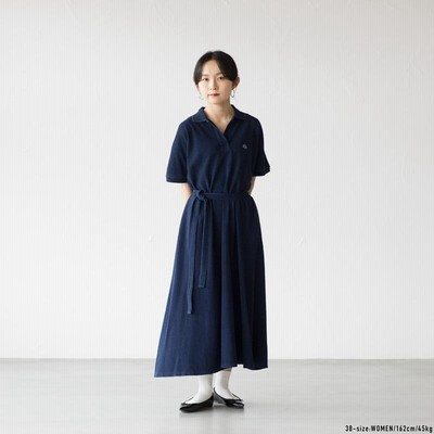 【美品】ラコステ　Aライン ポロワンピース　鹿子　リボンベルト　インディゴ 美品】ラコステ Aライン ポロワンピース 鹿子 リボンベルト